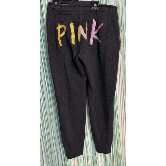 Victoria’s Secret Pink Gray Sweatpants Elastic Waist Glitter Graffiti Logo, M - Picture 3 of 5